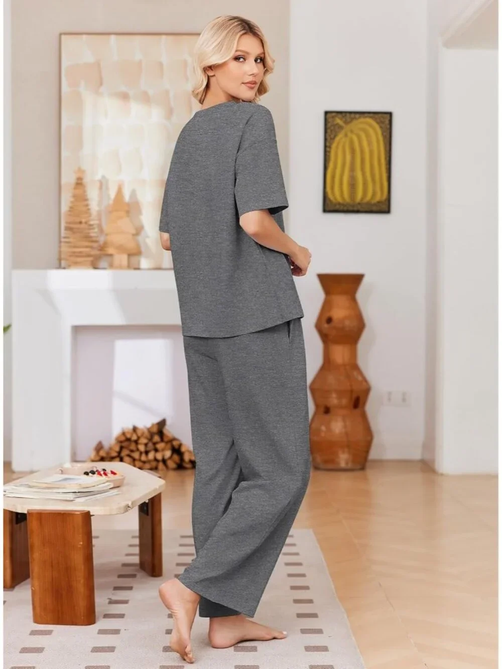 Women's Dark Grey Cotton Short Sleeve Sleepwear Pant Pockets Pajama Set